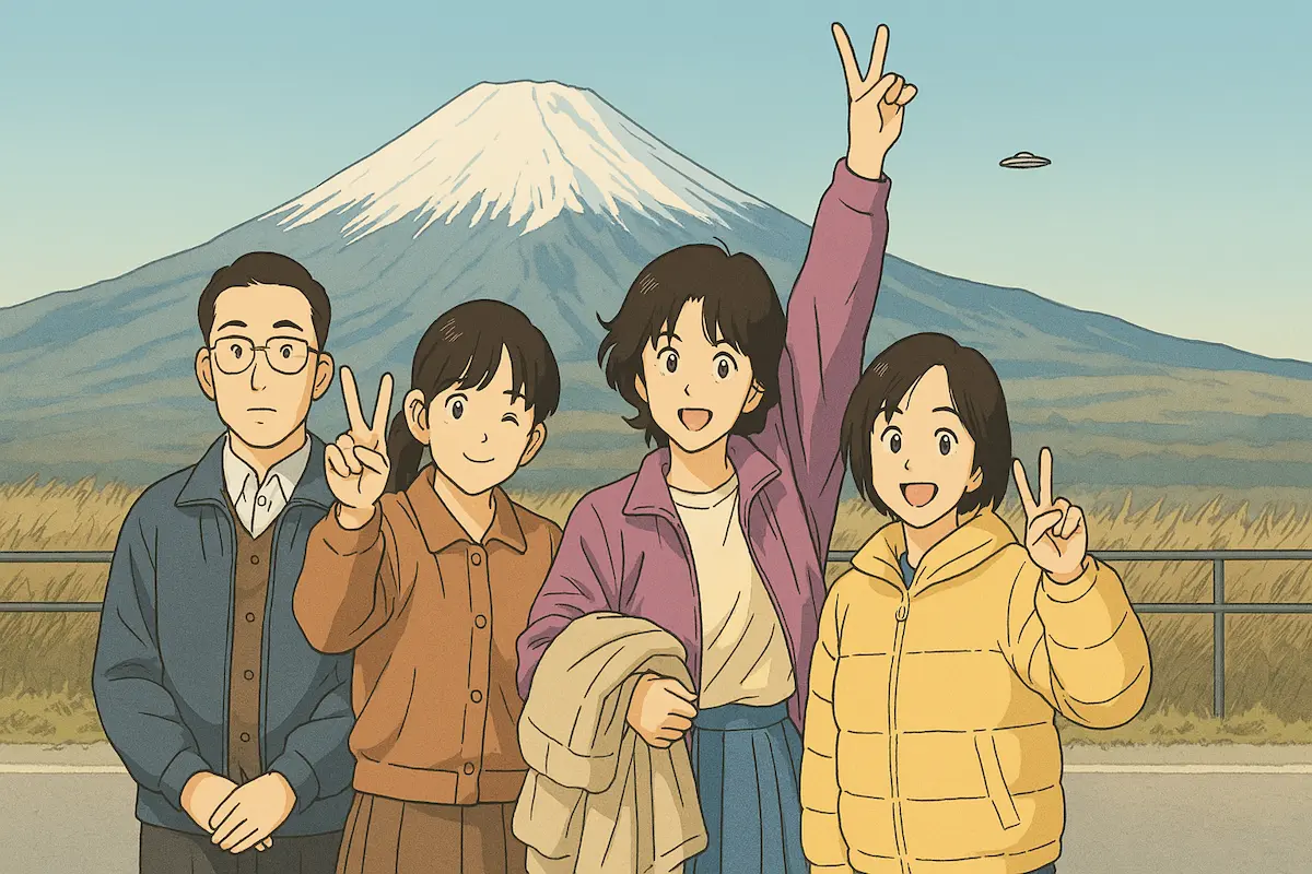 Four main characters standing together with Mount Fuji in the background.