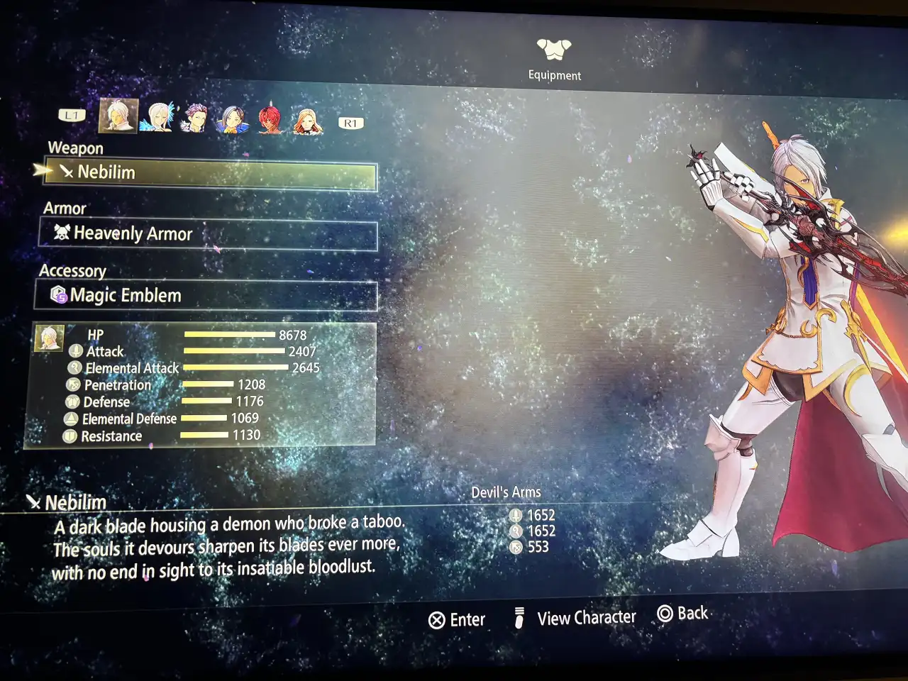 Alphen's stats, devil's arms at 1652 ATK.
